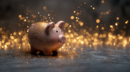 A charming piggy bank adorned with glitter stands amidst shimmering lights, symbolizing financial aspiration, creativity, and the joy of saving in a festive atmosphere.の素材