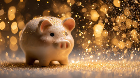 A delightful piggy bank sits elegantly amidst a shower of gold glitter, symbolizing financial wellness and dreams. This vibrant scene captures the essence of saving and celebration.の素材