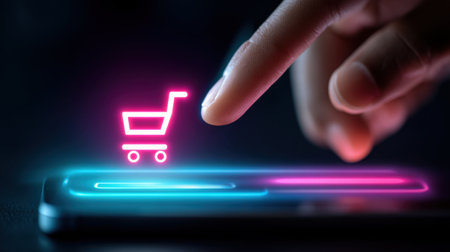 A close-up of a hand hovering above a smartphone screen displaying a glowing shopping cart icon, capturing the essence of modern online shopping experiences.の素材