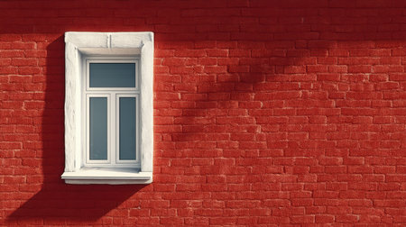 A striking image of a window within a white frame set against a vivid red brick wall, showcasing bold colors and textures ideal for various design and artistic applications.の素材