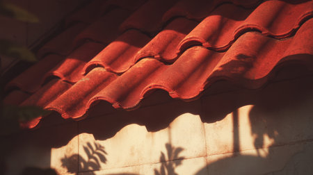 A captivating image showcasing red roof tiles bathed in warm sunlight, emphasizing the texture and shadow patterns on the wall, creating an inviting atmosphere.の素材