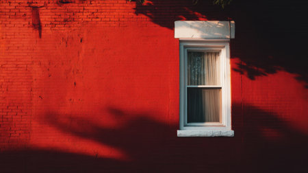 A striking red wall featuring a white-framed window, beautifully illuminated by sunlight. The scene highlights captivating shadows and textures, perfect for urban design inspiration.の素材