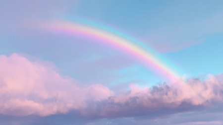A breathtaking view of a rainbow gracefully spanning across soft pink clouds and a clear blue sky, creating a serene and picturesque natural landscape.の素材