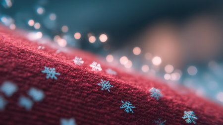 A close-up view showcasing a vibrant red knitted fabric adorned with delicate snowflake patterns. The soft bokeh background adds a warm, festive ambiance, perfect for winter-themed designs.の素材