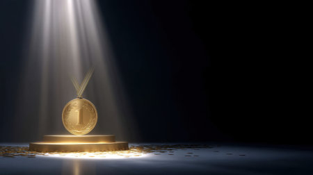 A stunning gold medal stands on a pedestal illuminated by a spotlight, symbolizing excellence in achievement and the spirit of victory in competitive endeavors.の素材