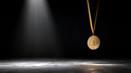 A stunning gold medal suspended in the air under a spotlight creates a powerful visual theme of achievement and recognition in various competitive fields.の素材