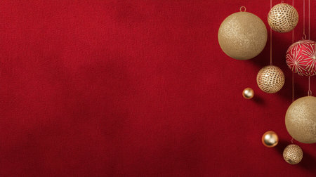 Discover a stunning arrangement of Christmas ornaments against a rich red backdrop, perfect for capturing the essence of holiday cheer and festive joy in your projects.の素材