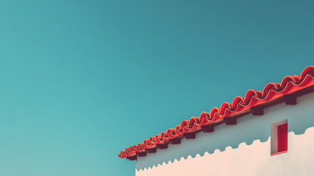A stunning close-up of a white building featuring a vivid red roof, set against an expansive blue sky, evoking a sense of calm and simplicity in design.の素材