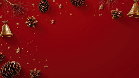 A stunning holiday arrangement featuring pine cones, golden bells, and decorative stars on a deep red backdrop, ideal for seasonal greetings and festive celebrations.の素材
