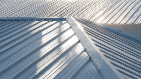 A captivating view of metallic roof panels reflecting sunlight, showcasing the interplay of light and texture in a contemporary architectural landscape.の素材