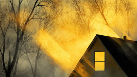 A tranquil house stands serenely in a shadowy forest, bathed in warm golden rays. The scene evokes a peaceful atmosphere, ideal for nature lovers and dreamers.の素材