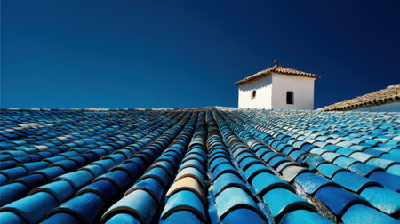 Stunning perspective of a blue ceramic tile roof under a clear sky captures the essence of traditional architecture in a scenic Spanish town. An artistic view.の素材