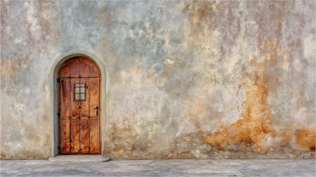 Explore the charm of a rustic wooden door against a textured, weathered wall. This image captures the beauty of old architecture and its historical significance.の素材