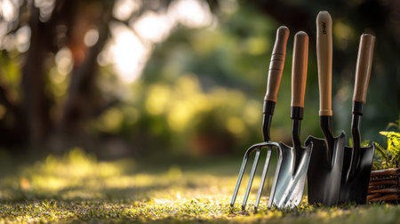 Four metal garden tools with wooden handles stand on lush green grass, illuminated by warm sunlight in a tranquil outdoor garden environment.の素材