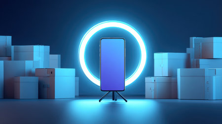 A captivating image featuring a modern smartphone on a stylish stand, surrounded by illuminated boxes and a vibrant blue circle, perfect for tech promotions.の素材