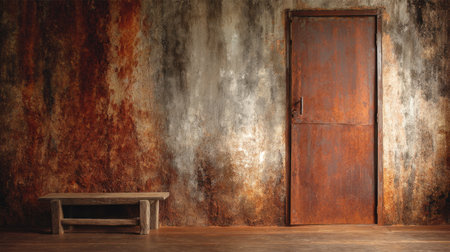 A rustic wooden door complements an aged, peeling wall, while a worn bench adds charm to this vintage interior setting, evoking feelings of history and solitude.の素材