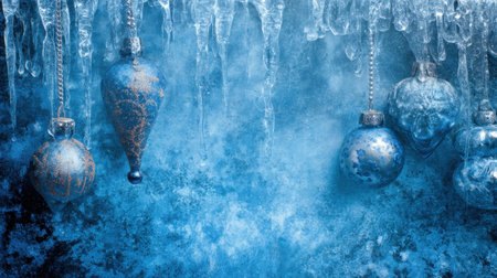 A stunning winter scene featuring blue Christmas ornaments dangling from glistening icicles. This image captures the essence of holiday joy and seasonal celebration.の素材