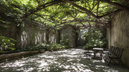 A serene garden space featuring lush green vines overhead, creating a natural canopy. A charming seating area invites visitors for relaxation and peaceful moments.の素材