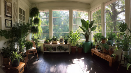 Bright and inviting sunroom filled with various indoor plants creating a lush and serene oasis. The natural light enhances the vibrant greenery, perfect for relaxation.の素材