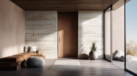 A beautifully designed entryway featuring warm tones, a wooden door, and natural light, creating a serene and inviting atmosphere with minimalist decor elements.の素材