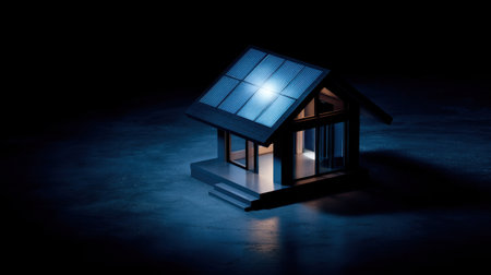 This image features a minimalist house model equipped with solar panels. The glowing light against a dark backdrop emphasizes sustainable energy and modern design concepts.の素材