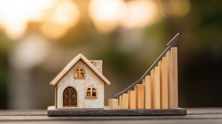 A wooden house model next to an ascending bar graph illustrates the potential growth in the real estate market, highlighting financial success and investment opportunities.の素材