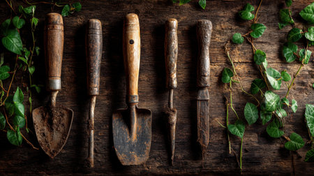 Capture the beauty of gardening with this vintage collection of tools on a rustic wooden surface, surrounded by lush green ivy leaves, showcasing nature's charm.の素材