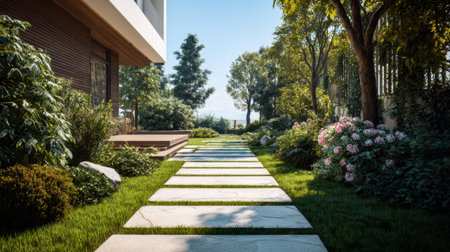 A serene pathway framed by vibrant flowers and lush greenery leads to a modern home, showcasing the beauty of nature in an inviting garden setting.の素材