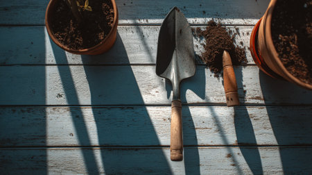 A captivating scene showcasing essential gardening tools on a rustic wooden table, paired with flower pots and soil. Ideal for nature enthusiasts and gardening aficionados.の素材