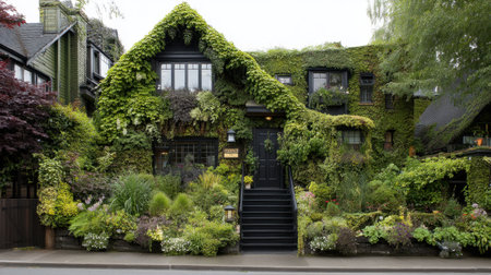 This image features a stunning house enveloped in vibrant greenery, showcasing a captivating garden filled with various plants and flowers, all under natural light.の素材