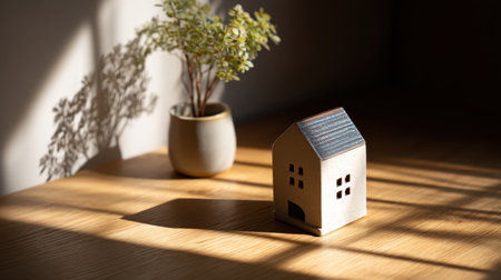 A charming wooden house model placed on a wooden surface, accompanied by a small potted plant. The interplay of light and shadow creates a warm, inviting ambiance.の素材