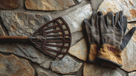 A beautiful flat lay of rustic gardening tools, including a metal rake and durable gloves, resting on a textured stone surface, perfect for outdoor gardening.の素材