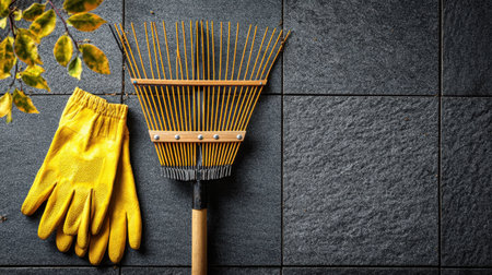 Close-up image of a rake and yellow gardening gloves on a textured dark surface with leaves in the corner. Ideal for showcasing garden tools, maintenance, and outdoor care.の素材