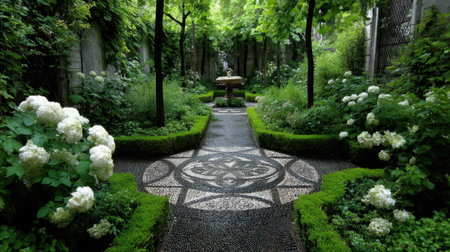 Experience the beauty of a serene garden featuring a winding pathway surrounded by lush greenery and elegant white flowers, creating a tranquil outdoor retreat.の素材