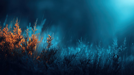 A serene landscape showcases frosty grass illuminated by warm light. The ethereal blue and orange colors create a tranquil ambiance, perfect for nature lovers.の素材