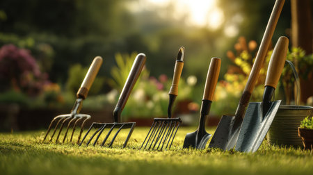 A serene outdoor scene showcasing a row of garden tools arranged neatly on a lush green lawn. The warm sunlight enhances the inviting atmosphere, ideal for gardening projects.の素材