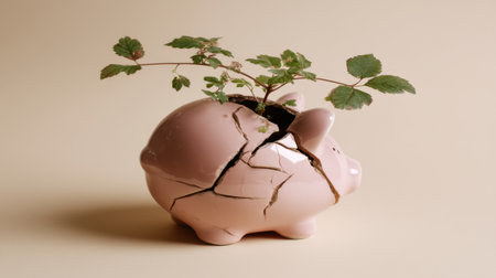 A charming pink piggy bank with noticeable cracks showcases a vibrant green plant sprouting from the top, symbolizing renewal and growth against a soft beige backdrop.の素材