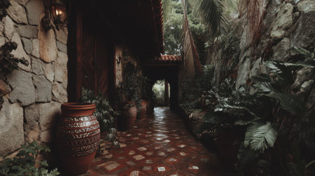 A tranquil pathway meanders between rustic stone walls, embellished with vibrant greenery and traditional pottery, capturing the essence of a peaceful natural retreat.の素材