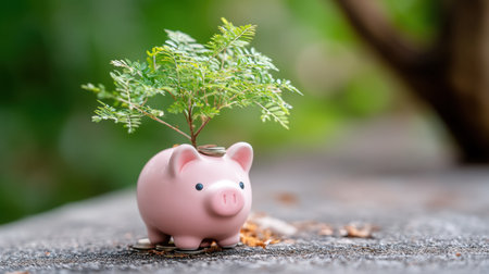 A charming pink piggy bank with a small tree sprouting from its back, highlighting a unique perspective on savings and sustainability in finance and personal growth.の素材
