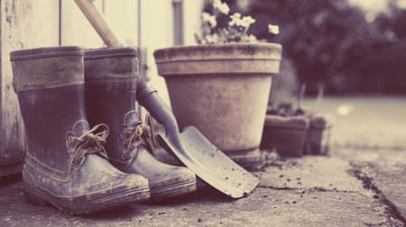 Explore a charming garden scene featuring worn rubber boots and a shovel next to potted plants, encapsulating the essence of outdoor gardening activities.の素材