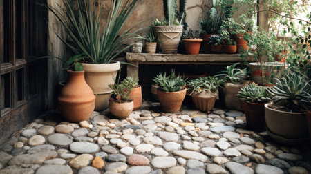 Discover a peaceful indoor garden featuring a variety of succulent plants in terracotta pots, surrounded by natural stone flooring. Perfect for creating a tranquil space.の素材