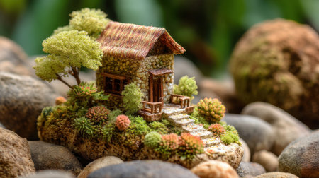 This enchanting miniature stone cottage is nestled among vibrant greenery and colorful plants, creating a serene and picturesque scene perfect for artistic inspiration.の素材