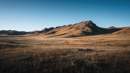 This tranquil grassland landscape features rocky hills under a clear blue sky, inviting exploration and showcasing the beauty of untouched nature and open spaces.の素材