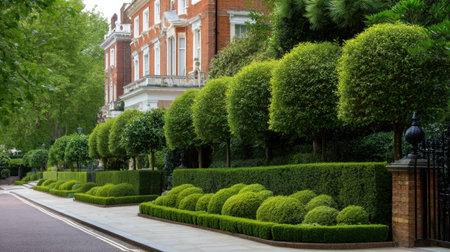 A serene urban scene featuring lush greenery, trimmed topiary, and elegant homes, creating a tranquil atmosphere ideal for strolls or leisurely exploration.の素材