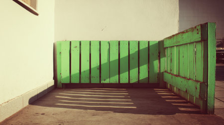A striking green wooden fence creates an eye-catching contrast against a concrete surface. Shadows stretch dramatically, enhancing the minimalist urban design.の素材