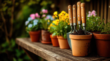 Colorful pots filled with vibrant flowers and garden tools create a lively atmosphere on a wooden table, perfect for gardening lovers and outdoor enthusiasts.の素材