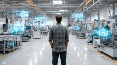 A person stands in a high-tech manufacturing facility, surrounded by advanced machines and digital holograms, reflecting the integration of technology in modern industry.の素材
