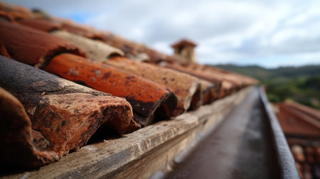 Close-up view of weathered terracotta roof tiles, highlighting unique color variations and textures, set against a soft-focused natural landscape background.の素材