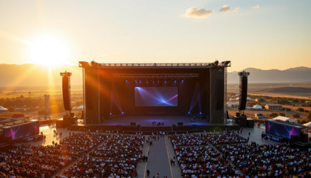 A breathtaking scene capturing a vibrant sunset behind an outdoor stage filled with enthusiastic spectators enjoying a live performance amid stunning natural beauty.の素材