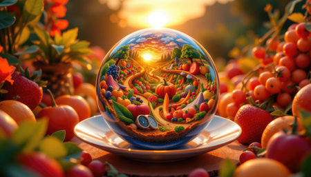 A stunning glass sphere captures a vibrant autumn harvest scene filled with an array of colorful fruits and a warm sunset backdrop, showcasing nature's bounty.の素材